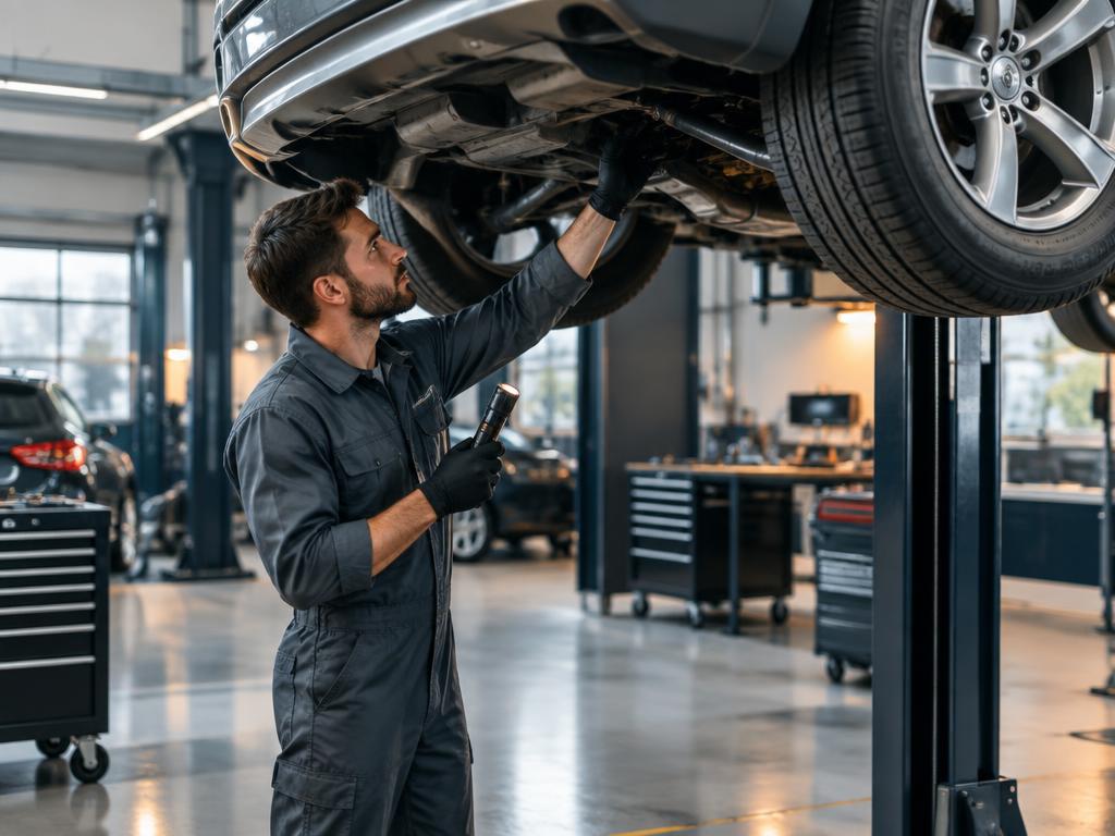 Mechanic inspecting a car on a hoist in a clean workshop