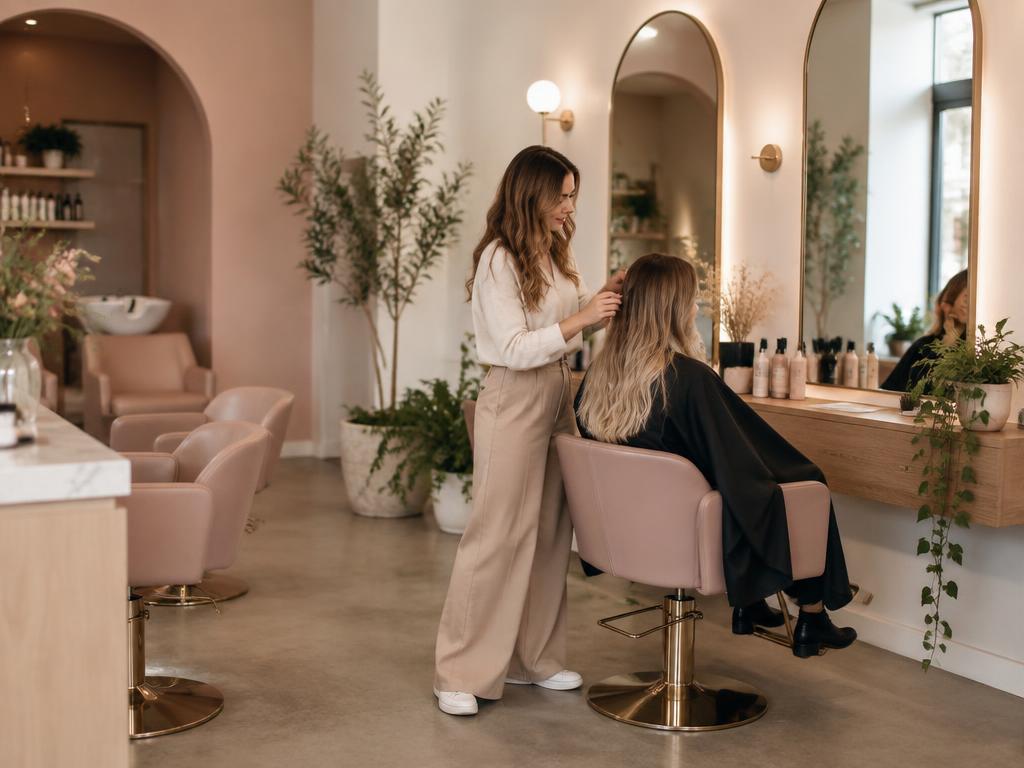 Stylist working with a client in a calm modern salon