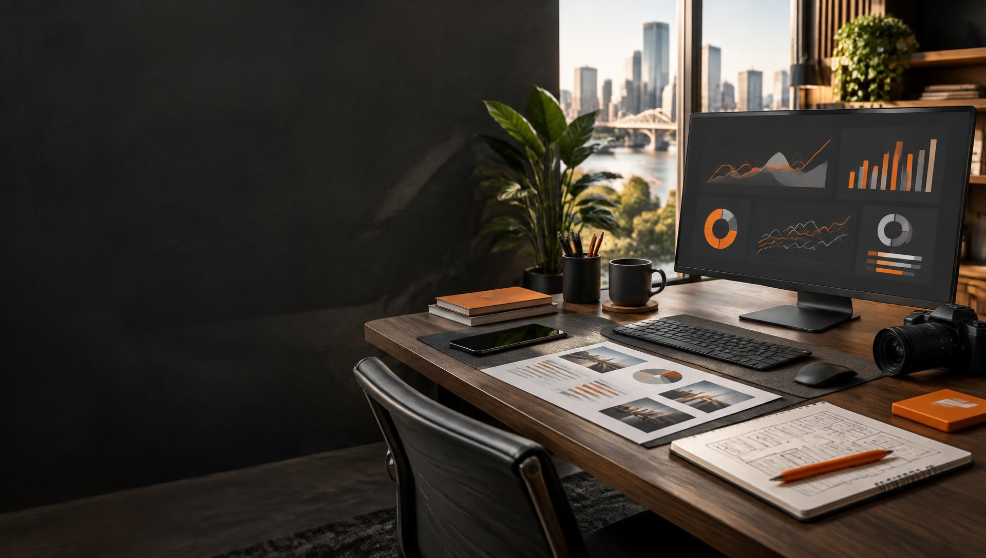 A digital marketing strategy workspace overlooking Brisbane