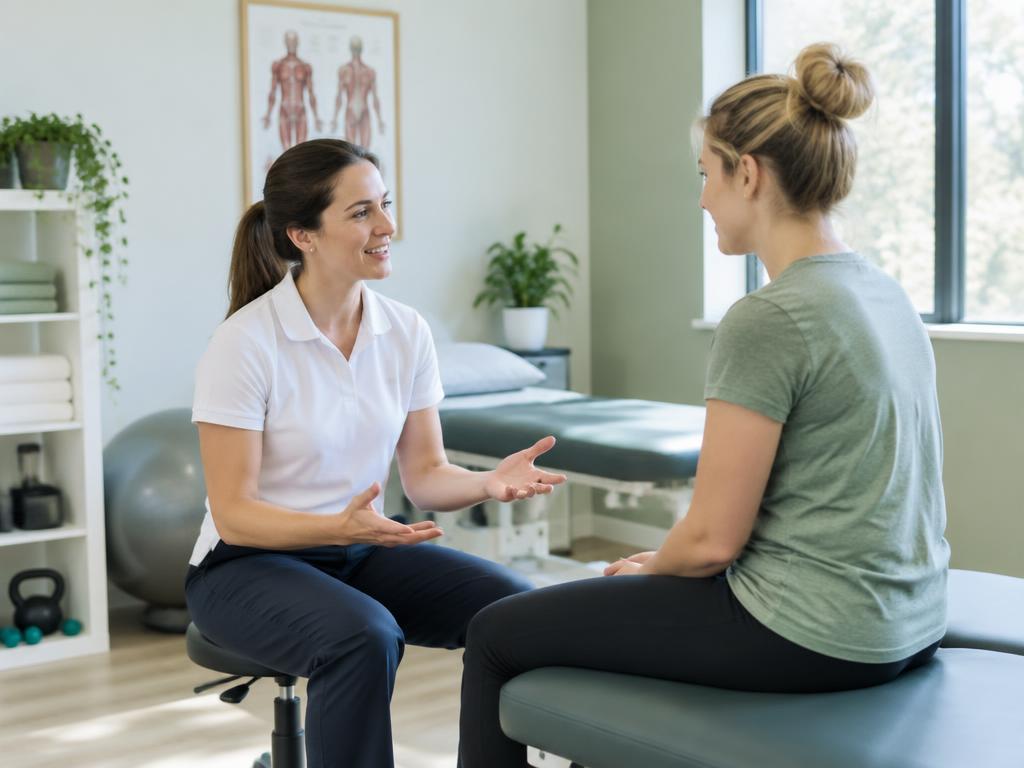 Physiotherapist speaking with a patient in a bright clinic room