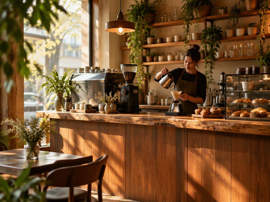 Barista pouring coffee behind the timber counter of a warm cafe