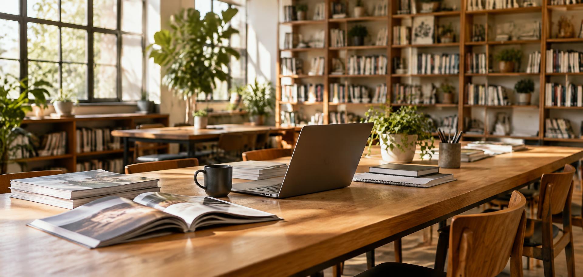 Bright reading and writing workspace with magazines, notebooks and a laptop