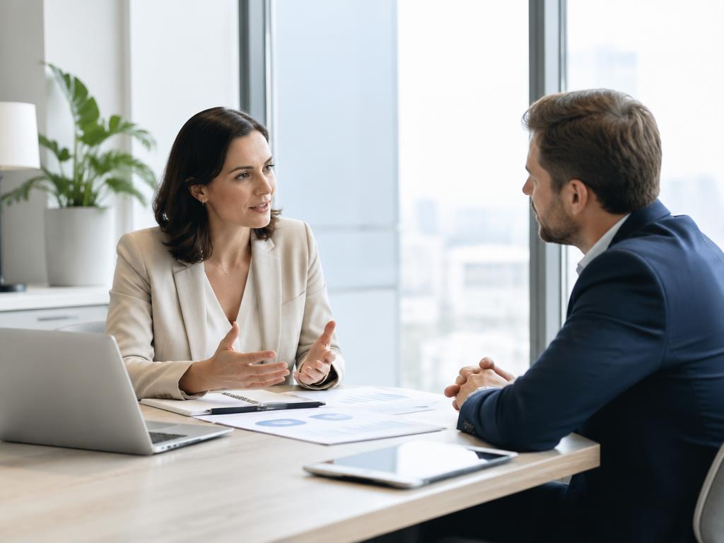 Two advisors talking across a table in a light modern office