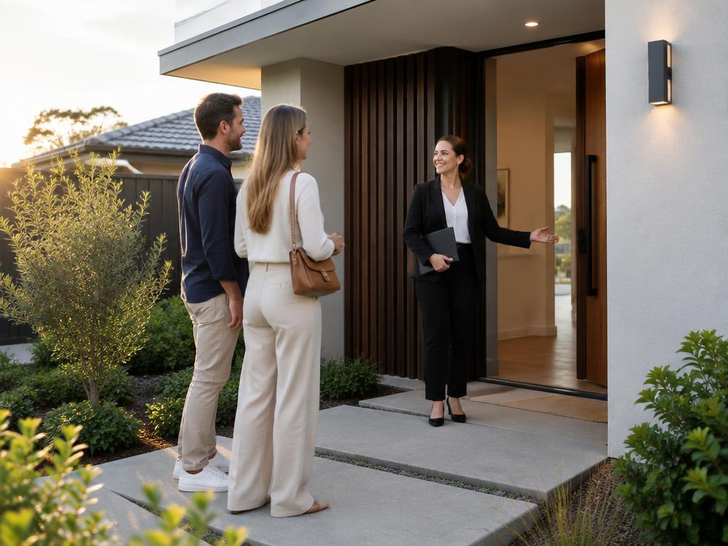 Agent welcoming buyers to the entry of a modern home