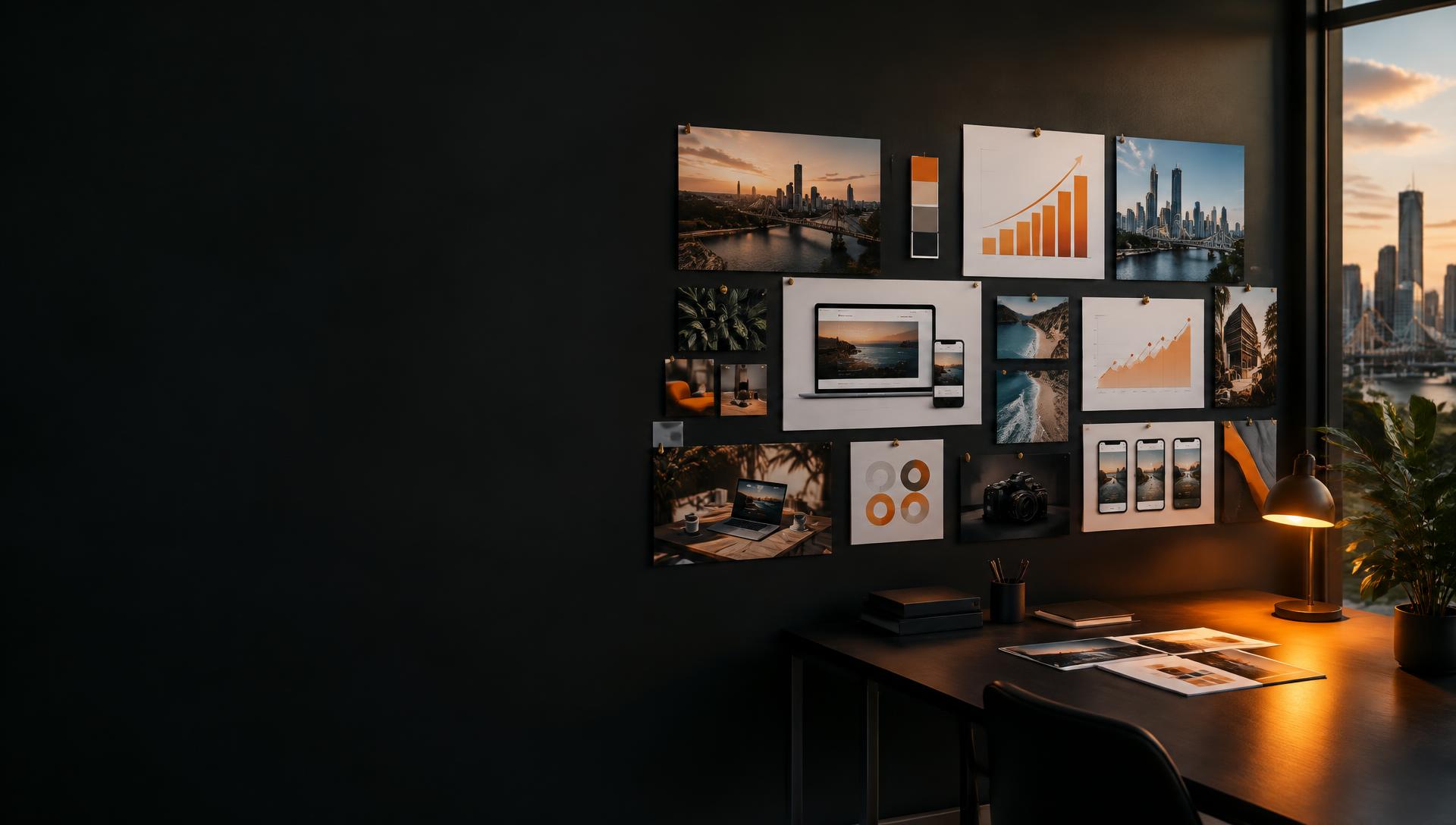 A wall of digital campaign work and performance charts in the Launch North studio
