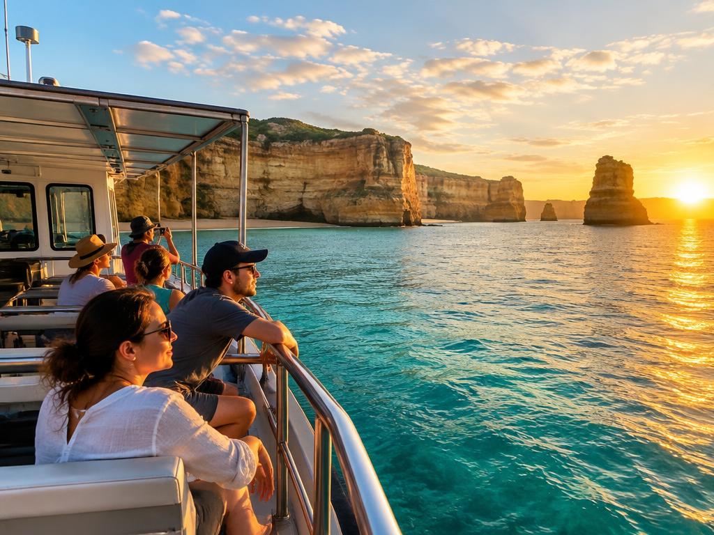 Guests on a small tour boat along a coastline at sunset