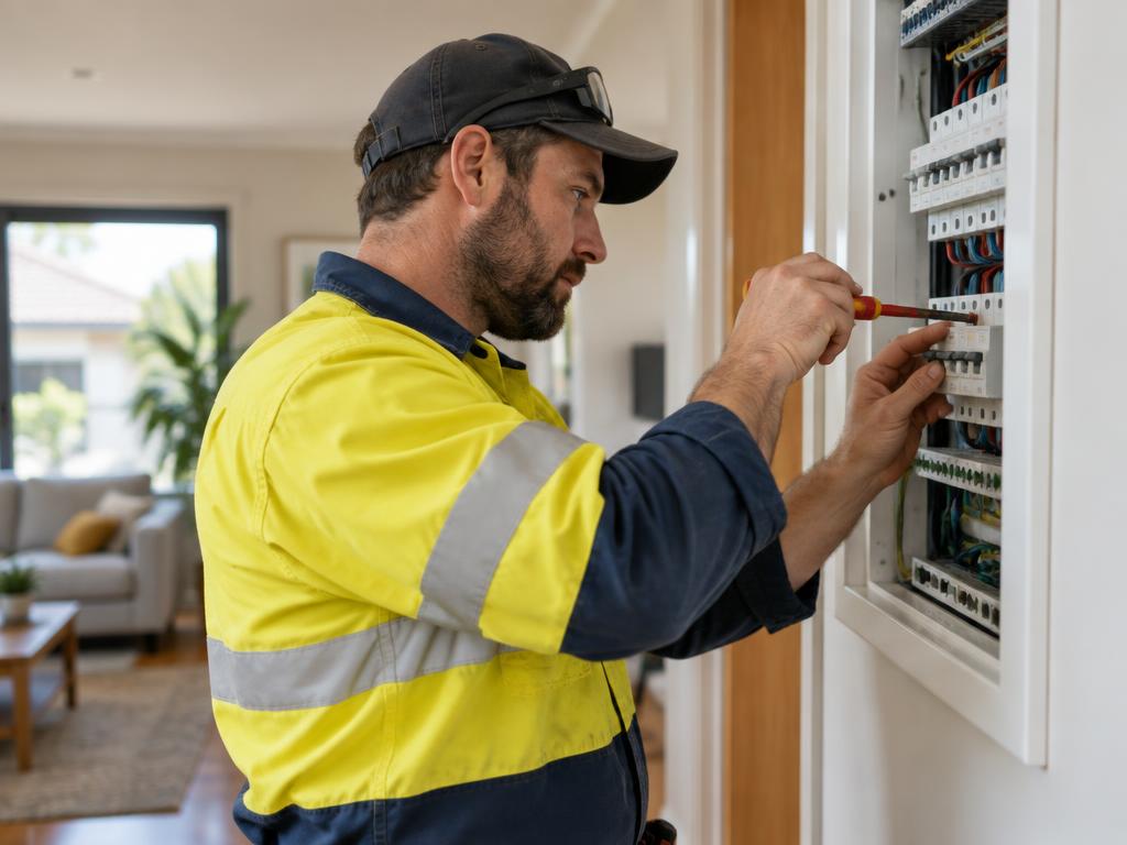 Electrician working on a switchboard inside a suburban home